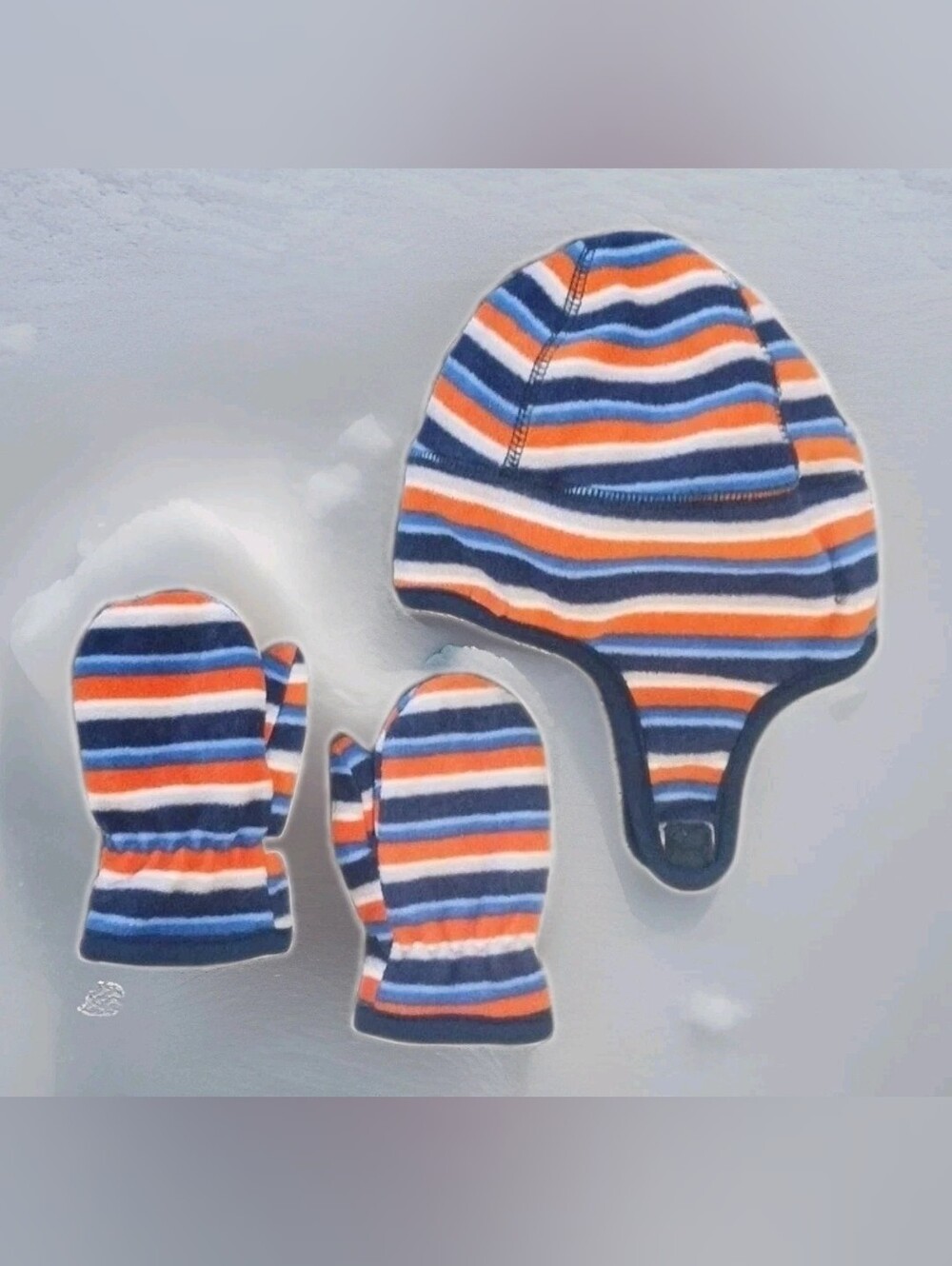 Toby NYC Infant Toddler Hat and Mittens Set Navy Stripes Double Layer Fleece